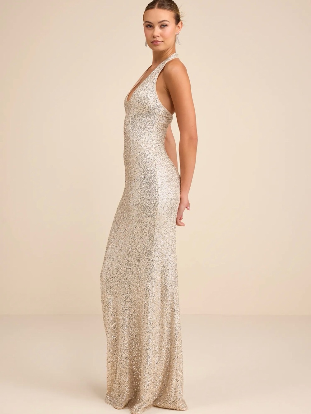 Lulus Velenia Champagne Sequin Halter Mermaid Maxi Dress Size Medium NEW W/ Tag - Picture 4 of 9